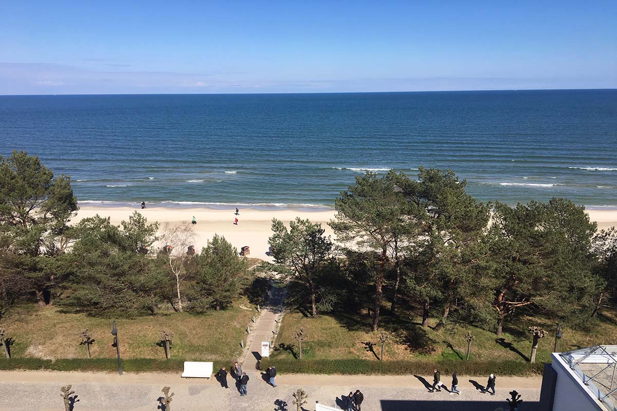 Der Ausblick auf die Ostsee, die Natur und den feinen Sandstrand in Binz von der Arkona Sky Bar aus.